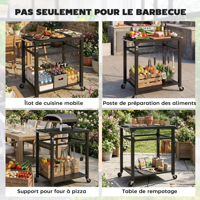 Outsunny Desserte jardin chariot de barbecue sur roulettes avec crochets, poignées, roulettes verrouillables, 90,5x55x88 cm, noir