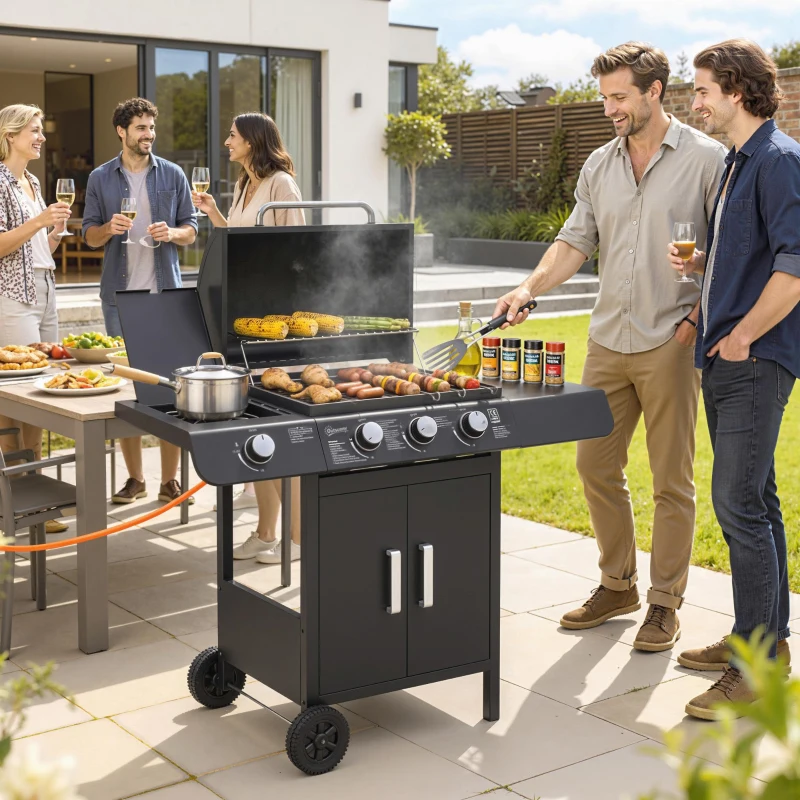 Outsunny Barbacoa de Gas BBQ con 3+1 Quemadores 11,6 KW 2 Mesas Laterales Armario de 2 Puertas Termómetro y 2 Ruedas Acero Inoxidable 110x50x100 cm Negro