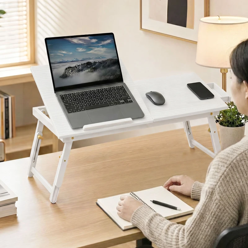 HOMCOM Masă de pat pliabilă și reglabilă, blat pentru laptop din bambus cu înclinare 83,5x33x34cm alb