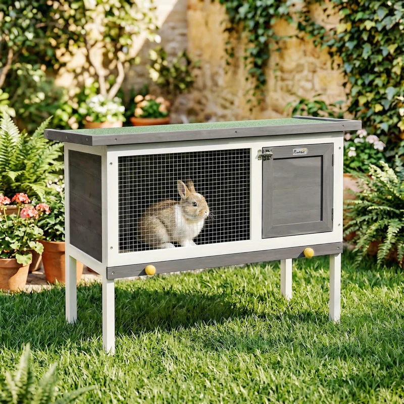 PawHut Conejera de Madera, Jaula para Conejos Medianos con Techo Asfáltico Abatible Bandeja Extraíble Puerta con Pestillo Gris