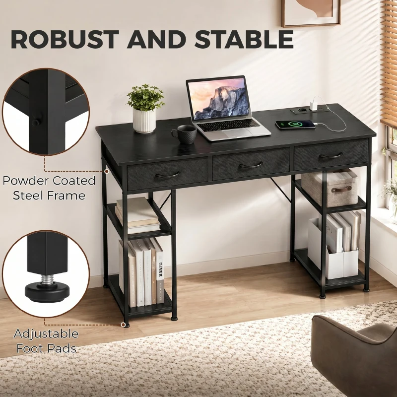 HOMCOM Bureau avec rangement avec prises de courant, 3 tiroirs en tissu et 4 étagères de rangement, 120 x 40 x 76 cm, noir