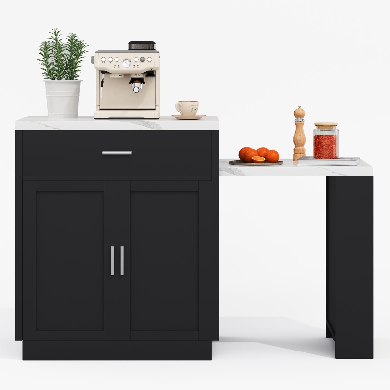 Isla de cocina con mesa de comedor extensible, armario de almacenaje, 2 cajones, 2 estantes laterales abiertos, 211x55x89,5 cm, Negro