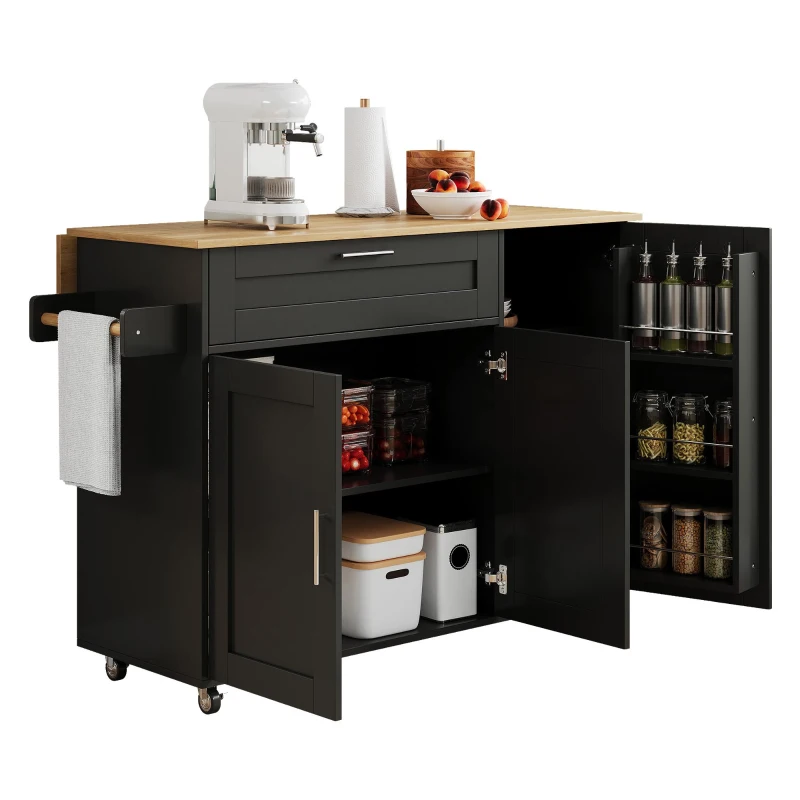 Mesa de cozinha móvel com tampo de trabalho dobrável, gaveta, prateleira para especiarias, suporte para toalhas, 132,5x44/70x90 cm, Preto+Cor natural