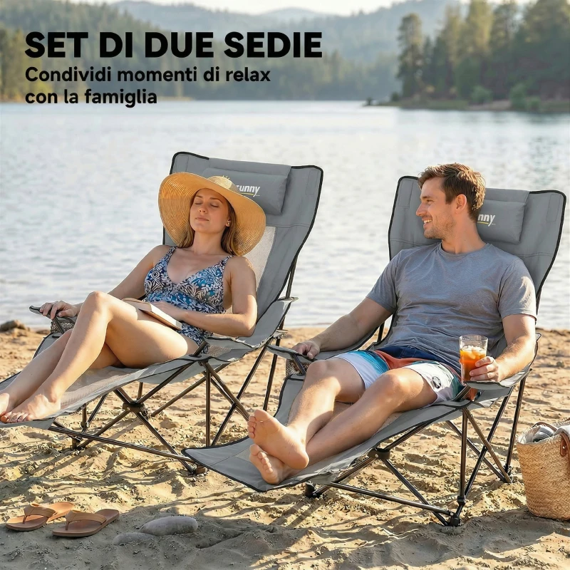 Outsunny Set da 2 Sedie da Campeggio Pieghevoli Reclinabili con 4 Posizioni, Poggiapiedi Rimovibile e Portabicchiere, 165x80x90 cm, Grigio