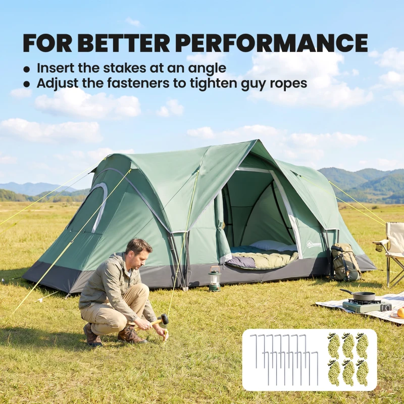 Outsunny Tente de camping familiale 5-6 pers. - tente tunelle étanche légère ventilée - grande porte + 2 fenêtres vert