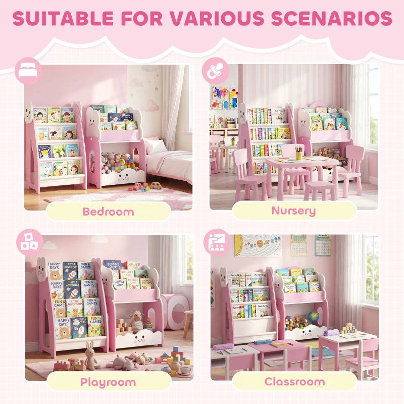 AIYAPLAY Meuble rangement enfant 3 à 8 ans, rangement jouets enfant modulaire avec porte-magazines à 4 étagères, rose