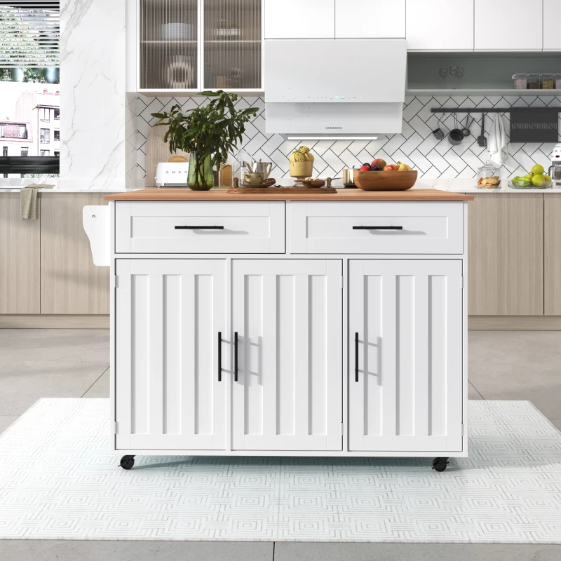Grande ilha de cozinha com tampo extensível dobrável, 5 rodízios (2 com travão) , 129x46/71x91,5 cm, Branco+Cor natural