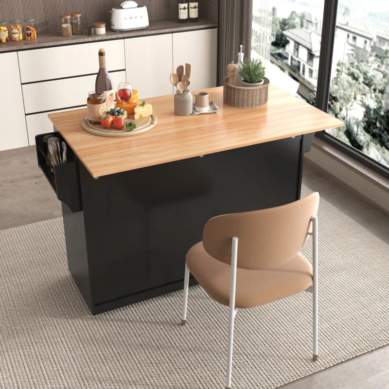 Carrinho de serviço com tampo de mesa dobrável, 2 gavetas e portas duplas, 136x46/71x91,5 cm, Preto+Cor natural