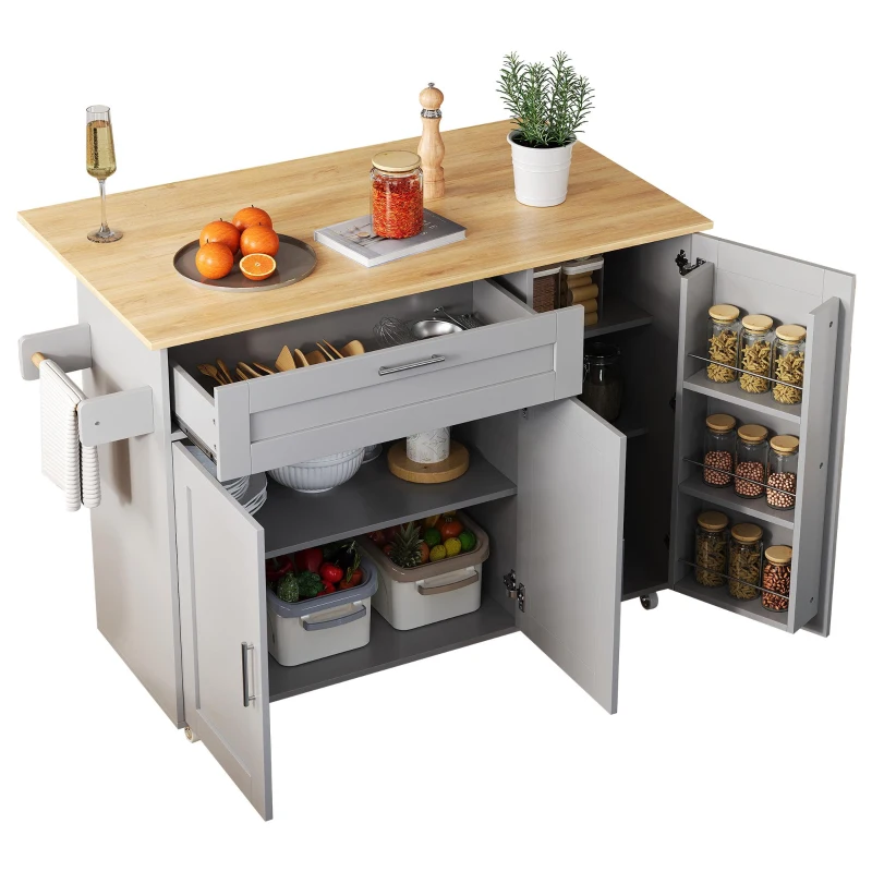 Mesa de cozinha móvel com tampo de trabalho dobrável, gaveta, prateleira para especiarias, suporte para toalhas, 132,5x44/70x90 cm, Cinzento