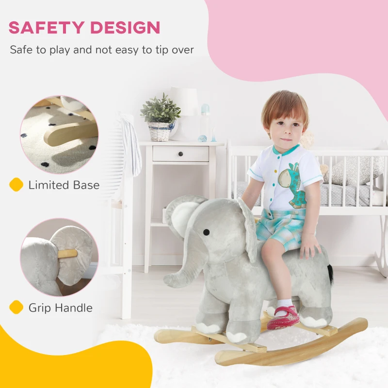 AIYAPLAY Schaukelpferd, Elefant, Soundeffekte, sichere Basis, für 2-4 Jahre, 64,5x31x52 cm, Grau(m-5)