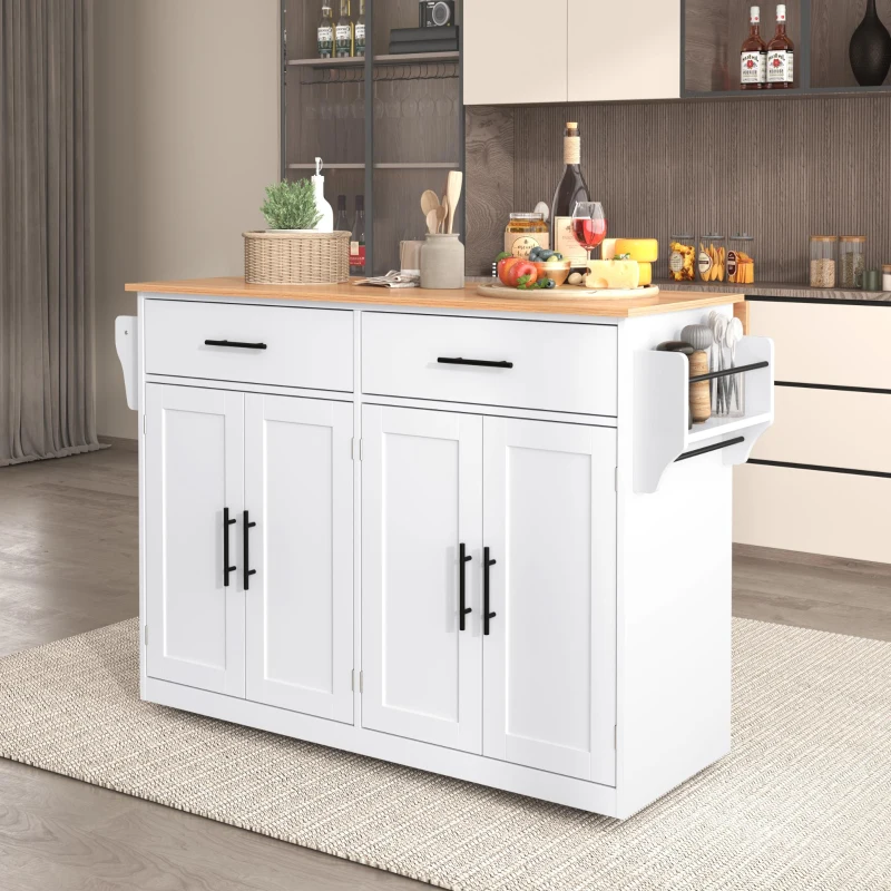 Carrinho de serviço com tampo de mesa dobrável, 2 gavetas e portas duplas, 136x46/71x91,5 cm, Branco+Cor natural