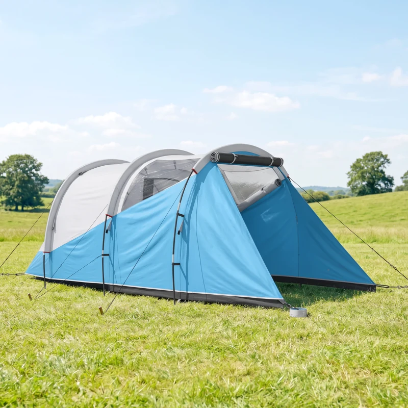 Outsunny Tente de camping familiale 3 personnes, tente tunnel imperméable, 2 portes fenêtres, ventilée 4,6 x 2,6 x 1,9 m, bleu
