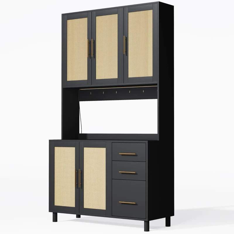 Móvel de cozinha com acabamento em rattan trançado e puxadores metálicos dourados, luzes LED decorativas, 100x40x183 cm, Preto