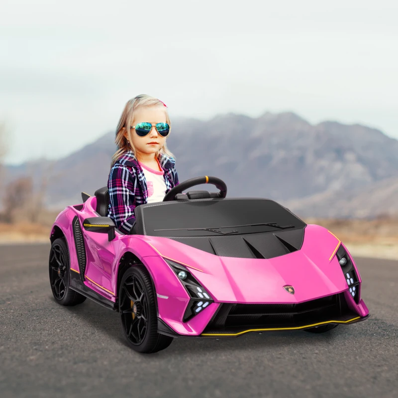 AIYAPLAY Macchina Elettrica Bambini 3-6 Anni 12V, Lamborghini Autentica con 2 Motori, Porta a Forbice e Sospensioni, Rosa