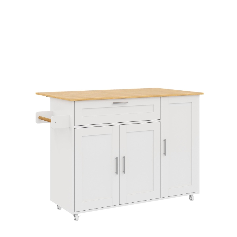 Mesa de cozinha móvel com tampo de trabalho dobrável, gaveta, prateleira para especiarias, suporte para toalhas, 132,5x44/70x90 cm, Branco+Cor natural