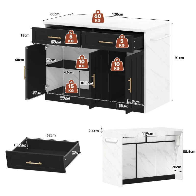 Ilha de cozinha com balcão de bar, com 2 gavetas e 3 portas, puxadores metálicos, suporte para toalhas, 120x60x91 cm, Preto