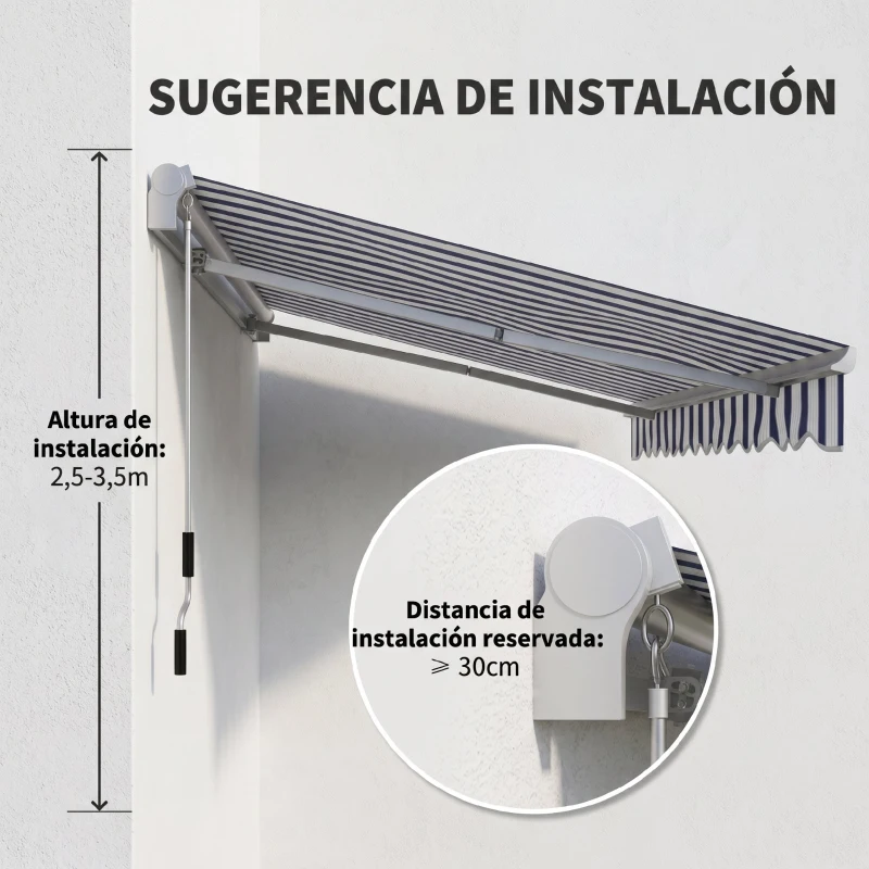 Outsunny Toldo Manual Retráctil 395x245 cm Ángulo Ajustable Brazo Articulado Anti-UV e Impermeable Montaje a Pared Azul y Blanco