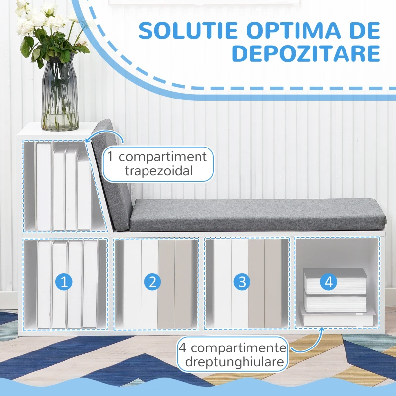 HOMCOM Bibliotecă cu 5 Rafturi Deschise și 2 Perne, Mobilier Modern din Lemn, pentru Living, Dormitor și Birou, Gri Alb