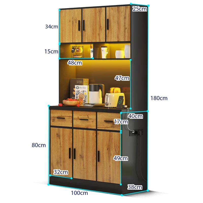 Buffet de cozinha multifuncional, 3 gavetas silenciosas e 6 portas de armário, 100x40x180 cm, Cor natural