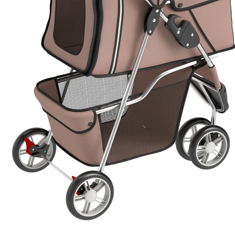 PawHut Poussette pour Chien 4 Roues, Chariot Pliable avec Auvent Réglable, Panier de Rangement, 77x44x102cm, Café