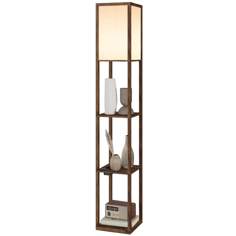 HOMCOM Lampada da Terra con Ripiani, Luce Regolabile, Interruttore a Pedale e Porte USB, Marrone