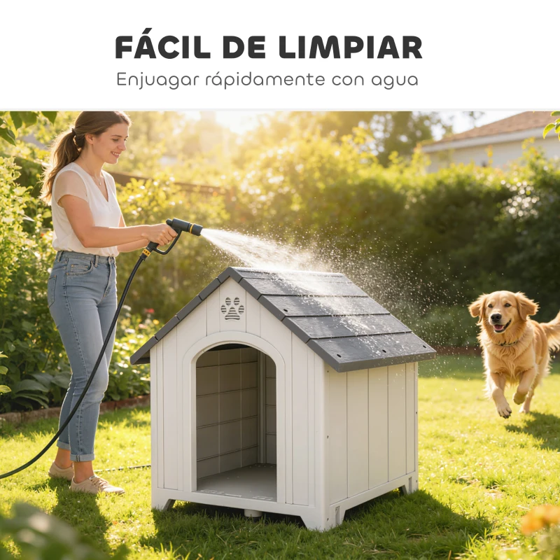 PawHut Caseta para Perros Exterior Casa para Perros Grandes de Plástico con 2 Ventanas Base Elevada Estacas Gris