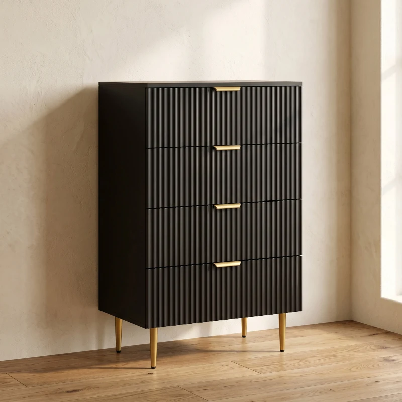 HOMCOM Commode 4 tiroirs commode chambre meuble de rangement moderne avec poignées et pieds dorés, dim. 60 x 40 x 96 cm, noir