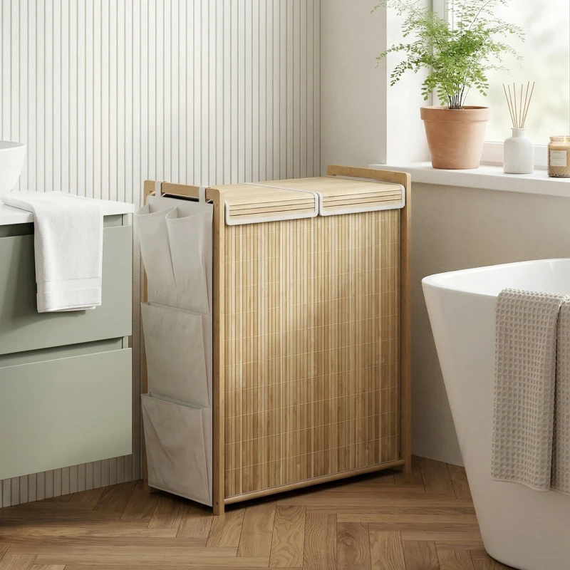 HOMCOM Cesto de Ropa Sucia de Bambú con Tapa 120L con 2 Bolsas con Cordón Extraíbles y Lavables Bolsillos Laterales Natural