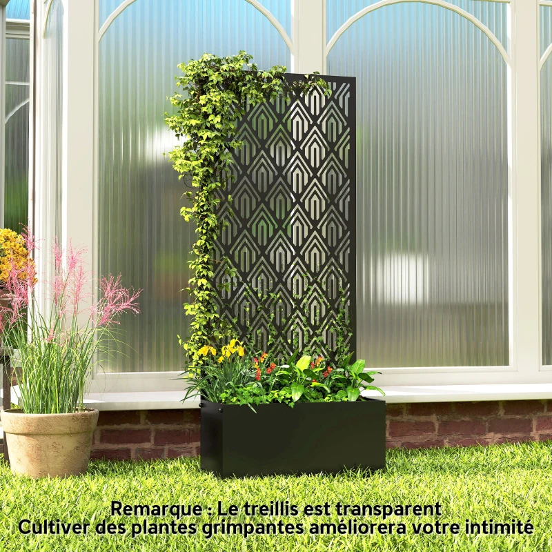 Outsunny Jardinière avec treillis, bac à fleurs, avec brise-vue, pour plantes grimpantes, métal, 45 x 21,5 x 110 cm, noir