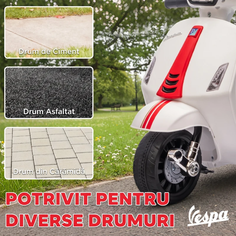 AIYAPLAY Motocicletă Electrică pentru Copii cu Licență Vespa, Baterie Reîncărcabilă 6V, Roți Ajutătoare și Lumini, 2-4 Ani, Albă