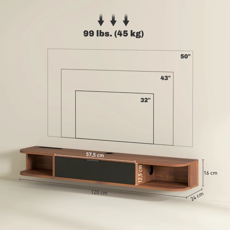 HOMCOM Mobile Porta TV fino 50" Sospeso con Cassetto, 2 Ripiani Aperti e Foro Passacavi, 120x24x16 cm, Noce