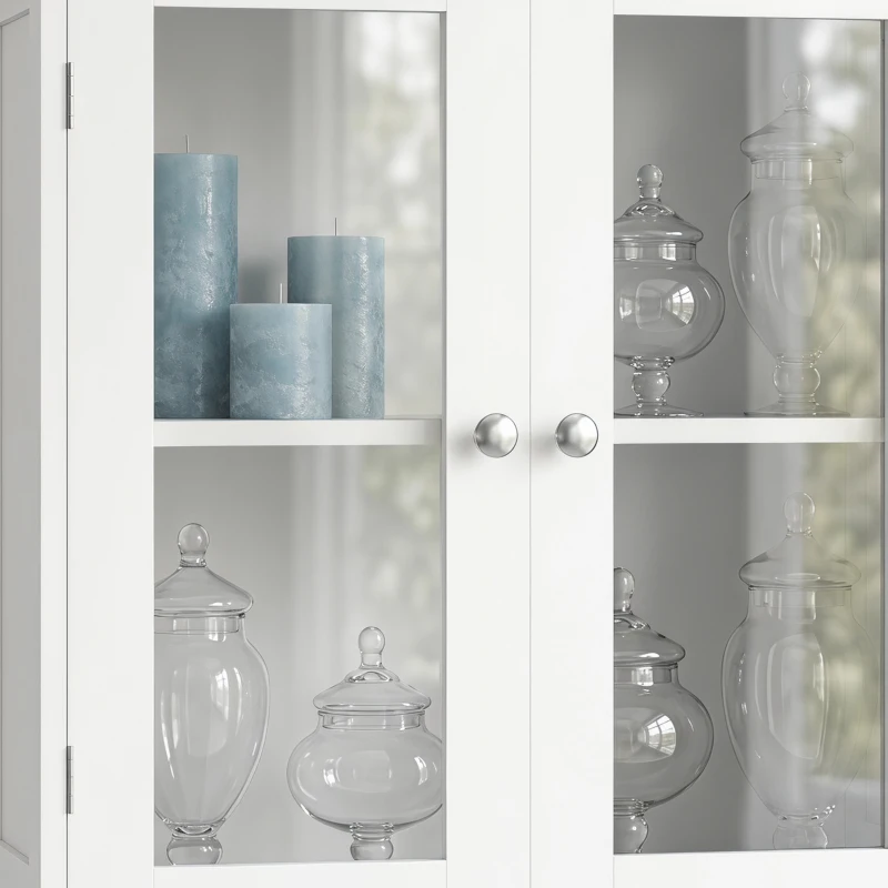 HOMCOM Meuble de salle de bain haut, meuble de rangement avec 6 portes dont 2 vitrées et 2 persiennes, étagère réglable, blanc
