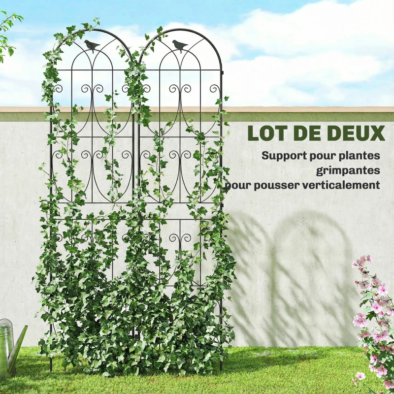 Outsunny Support pour Plantes Grimpantes avec Oiseaux Lot de 2 Treillis de Jardin pour Légume Vigne Fleur Métal 50 x 220 cm Noir