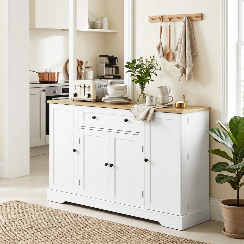 HOMCOM Aparador Armario de Cocina con 4 Puertas Cajón Estante Ajustable Estantes de Puerta para Cocina Comedor 138x40x85 cm Blanco