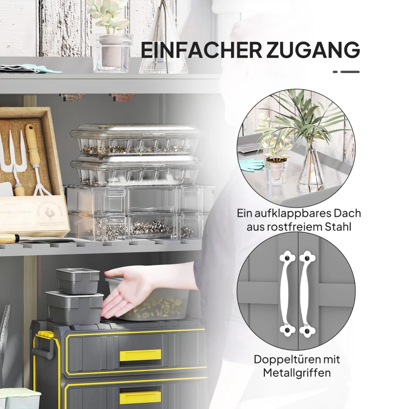 Outsunny Gartenschrank, Werkzeugschrank für den Außenbereich, mit Arbeitsfläche, Holz und Edelstahl, Doppeltüren, Grau(m-5)