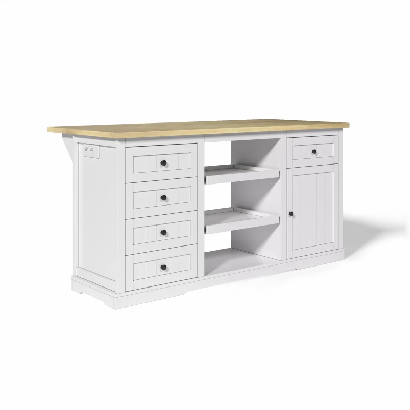 Ilha de cozinha com tampo extensível dobrável, 5 gavetas e 2 prateleiras extraíveis, 150x45/65x75,5 cm, Branco