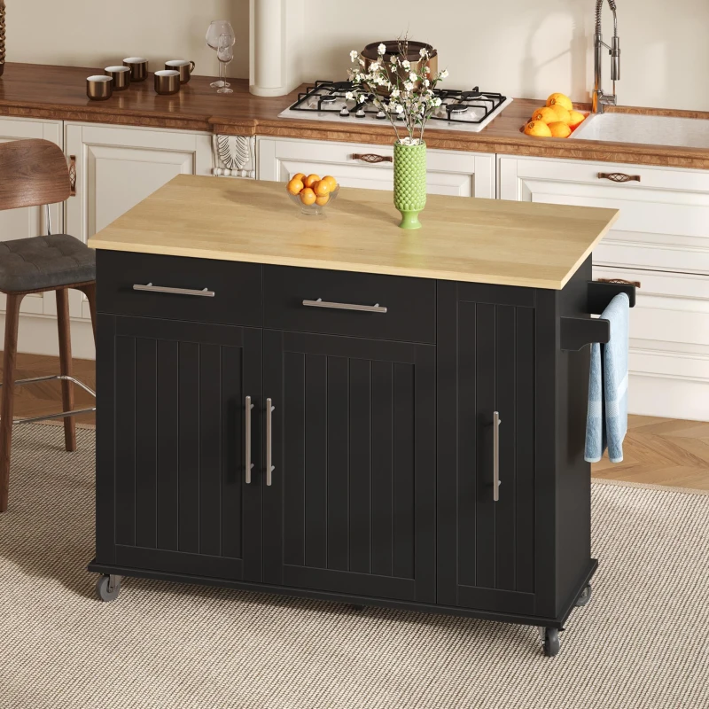 Ilha de cozinha móvel com tampo de trabalho dobrável, organizador extensível para armário de 3 níveis, 120x40/65x90 cm, Preto+Cor natural