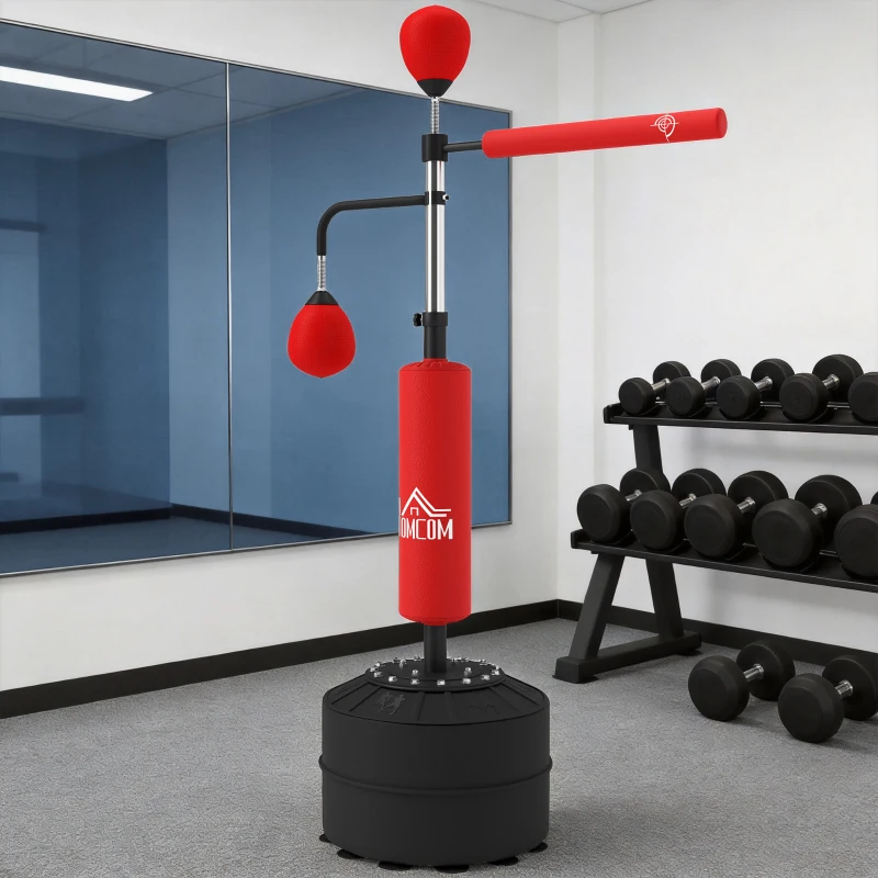 HOMCOM Sac de frappe sur pied 4 en 1 punching ball autonome balles de vitesse barre rotative gants 88 x 50 x 160-230 cm rouge