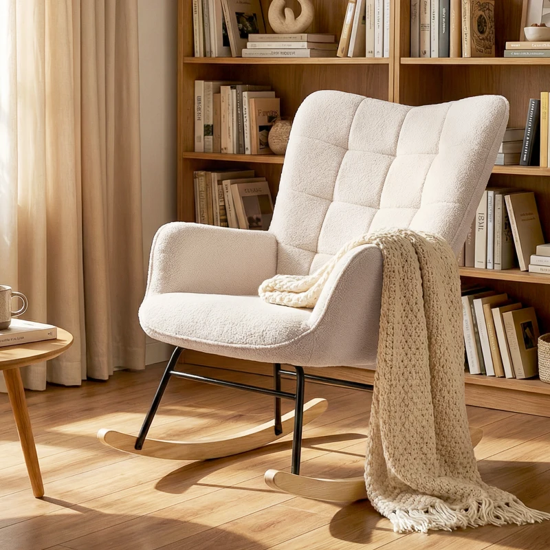 HOMCOM Silla Mecedora de Borreguito Sillón Balancín Oscilante 40° con Patas de Madera de Haya Carga 120 kg 71x98x101 cm Beige