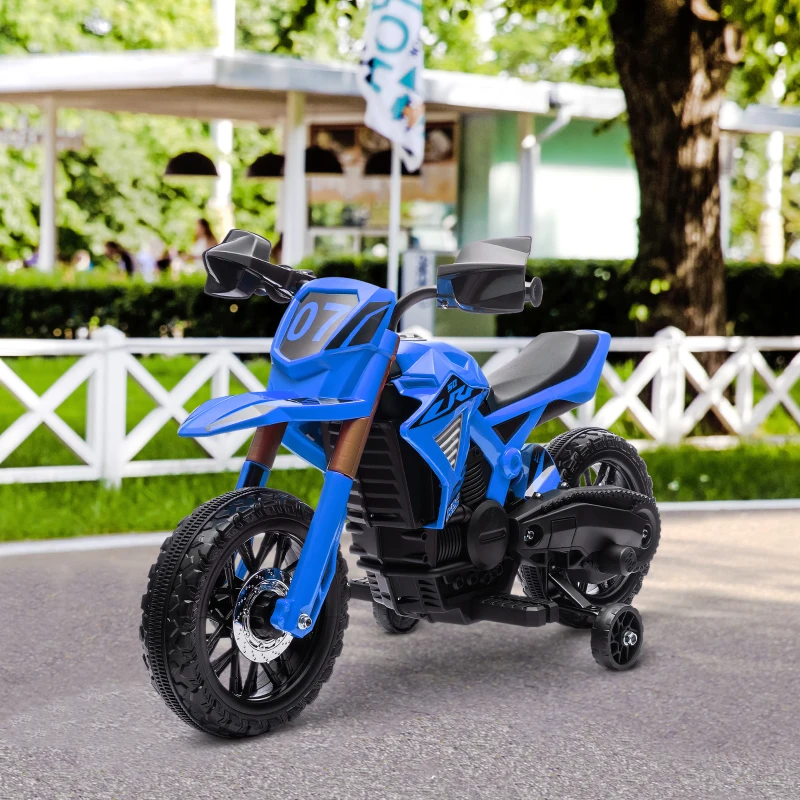 AIYAPLAY Motocicletă electrică pentru copii 3-8 ani, cu 2 motoare 12V, roți ajutătoare și claxon, 3 km/h, 30 kg, albastru