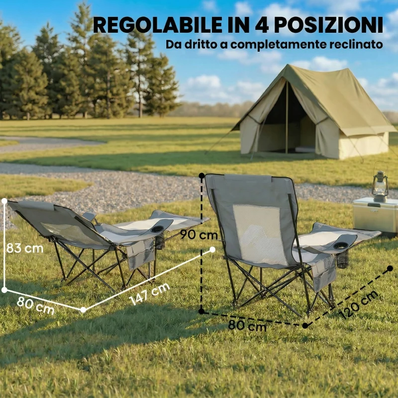 Outsunny Set da 2 Sedie da Campeggio Pieghevoli Reclinabili con 4 Posizioni, Poggiapiedi Rimovibile e Portabicchiere, 165x80x90 cm, Grigio