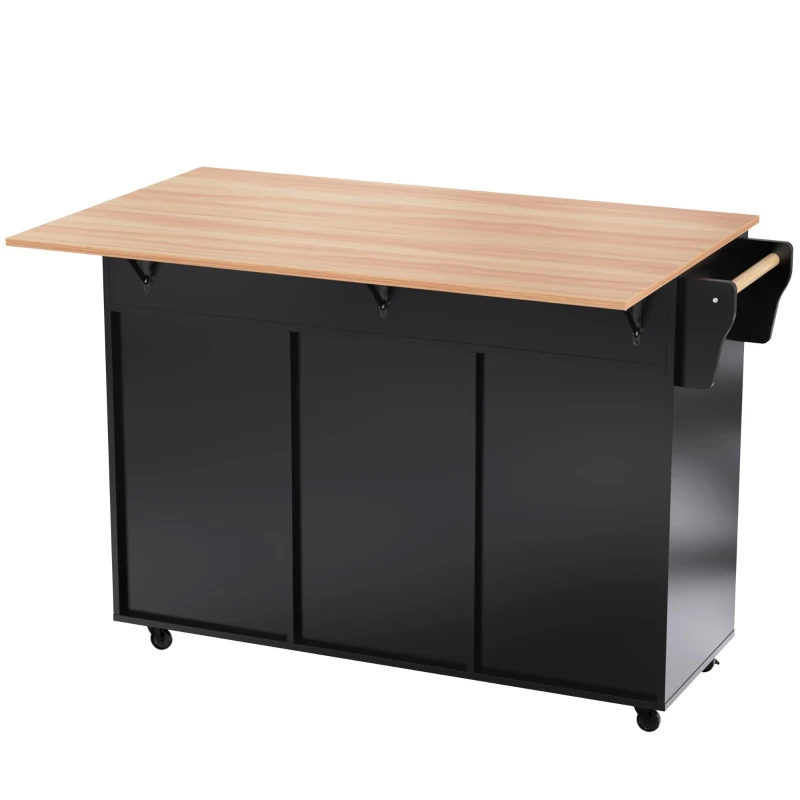 Ilha de cozinha com 5 rodízios, tampo dobrável extensível, 129x46/71x91,5 cm, Preto+Cor natural