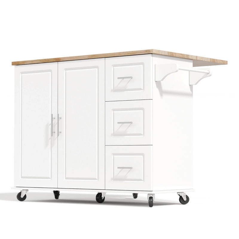 Grande ilha de cozinha móvel,design dobrável, armário multifuncional com 3 gavetas, suporte para toalhas, 137x43/76x92 cm, Branco