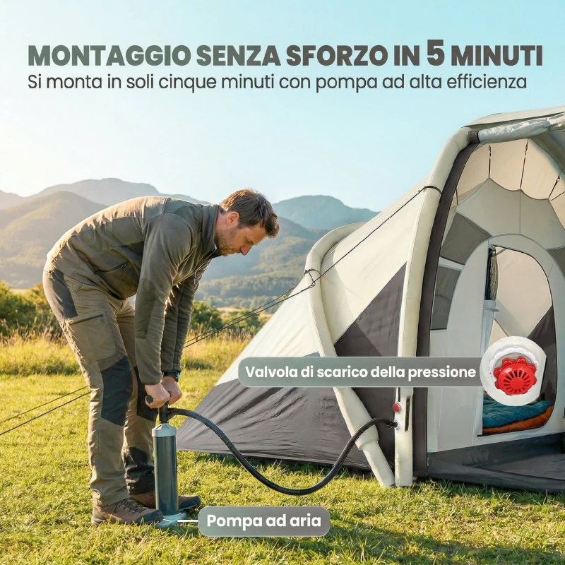 Outsunny Tenda da Campeggio Gonfiabile e Impermeabile per 2-4 Persone con Pompa, 2 Camere e Soggiorno, 485x245x188 cm, Marrone Caffè