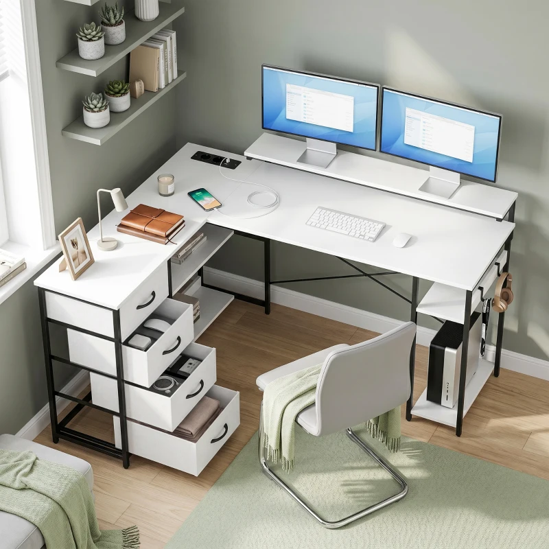 HOMCOM Escritorio en L Reversible con 4 Cajones de Tela 2 Enchufes y 2 Puertos USB Soporte para Monitor 155x112 cm Blanco