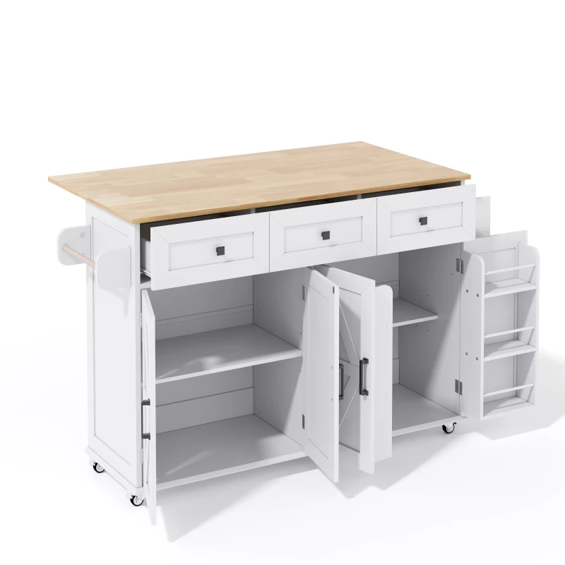 Ilha de cozinha com tampo rebatível, 4 portas, 3 gavetas, suportes duplos para toalhas, design estilo celeiro, 140x43/70x90,5 cm, Branco+Cor natural
