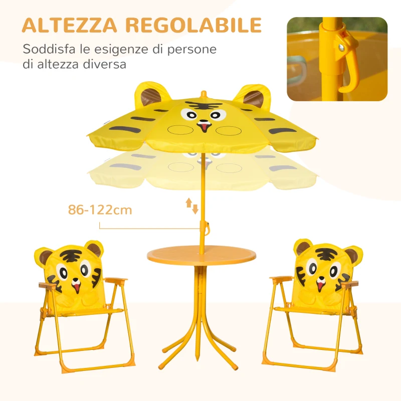 Outsunny Set da Esterno per Bambini 4 pz con 2 Sedie, Ombrellone e Tavolo Rotondo, in Acciaio e Tessuto Oxford Giallo