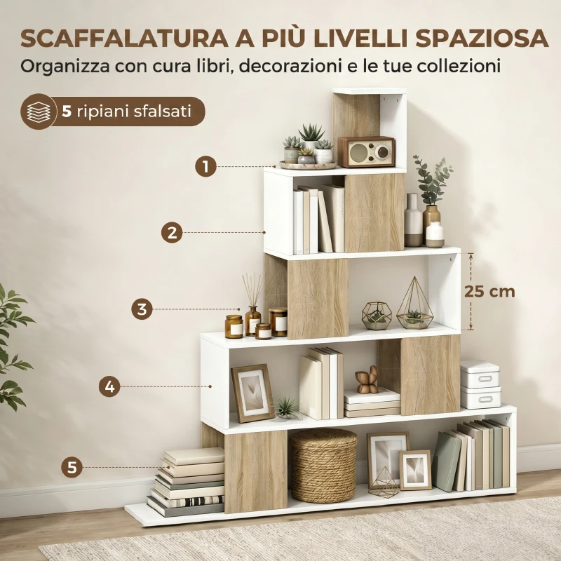 HOMCOM Libreria Moderna a 5 Ripiani con Design a Gradini, 120x22x131.5 cm, Bianco e Legno