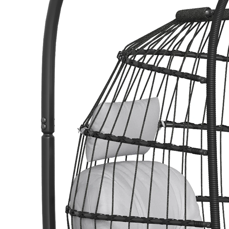 Outsunny Fauteuil Œuf Suspendu Pliable avec Support Coussin 15cm et Appui-tête Gain de Place Résine Tressée 101x105x196cm Gris