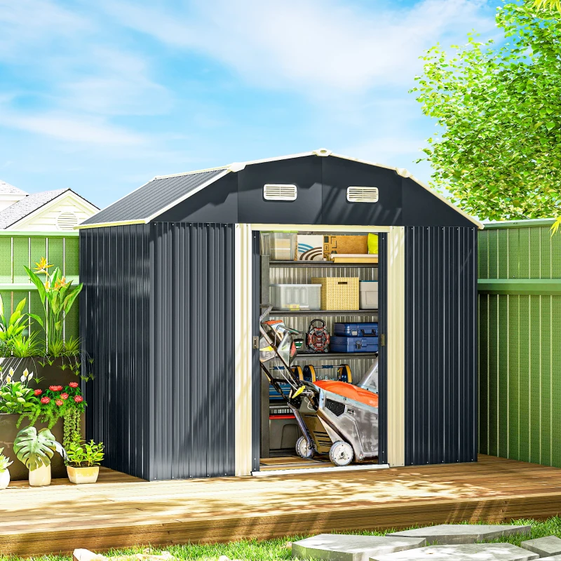 Outsunny Caseta de Exterior Metálica 2,7 m² 238x132x198,5 cm con Base Estantes Ajustables 2 Puertas Corredizas y 2 Ventanas Gris